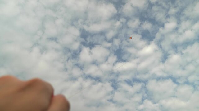 Hand and distant kite in open sky