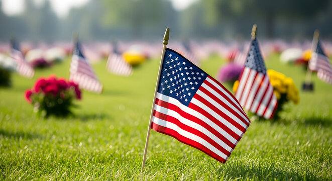 Small American flags placed on green grass in cemetery for memorial day