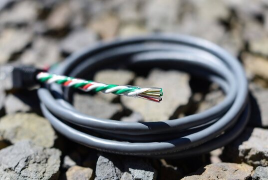 A gray Ethernet cable rests on a rocky surface.