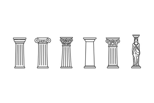 Collection of classical architectural columns and a caryatid in line art style