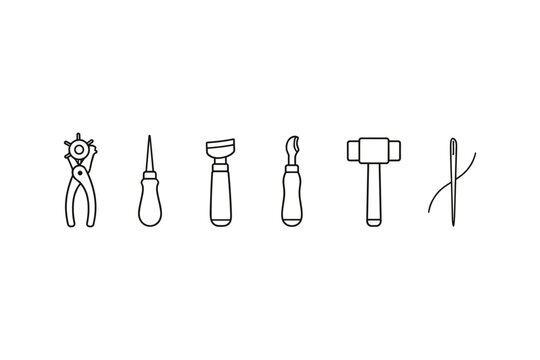 Collection of leathercraft tools including a punch, awl, skiving knife, and hammer