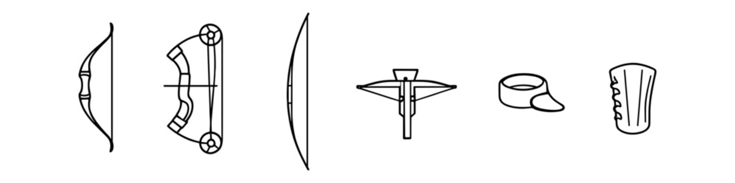 Collection of archery and hunting equipment icons including bows and crossbow