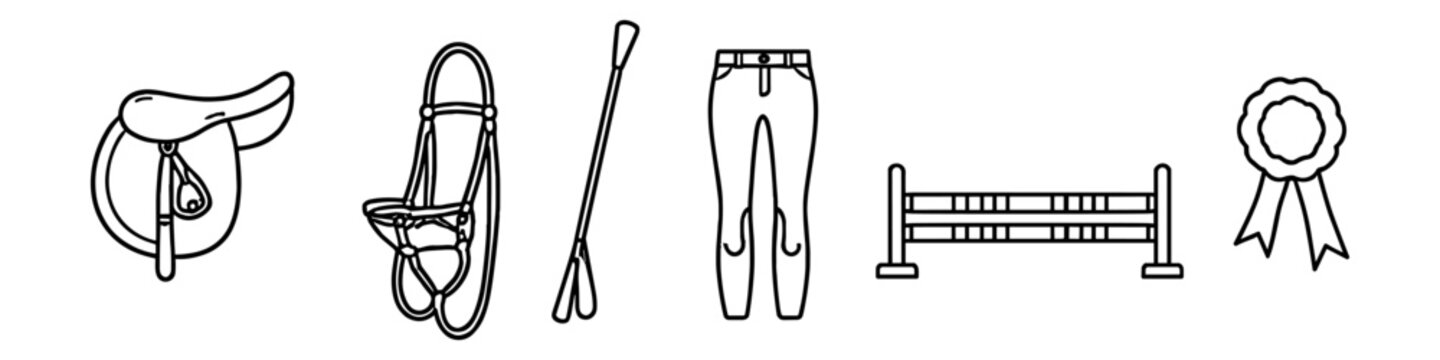 Equestrian equipment icons: saddle, bridle, whip, breeches, jump, and rosette