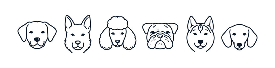 Obraz premium Collection of diverse dog breed faces in a simple, clean line art style