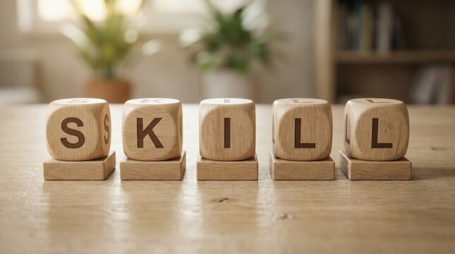 Skillful Cubes: Wooden cubes spell the word SKILL on a table with a natural ambiance, representing the concept of proficiency and talent in a visually appealing manner.