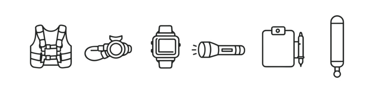 Collection of scuba diving equipment icons for underwater exploration and safety