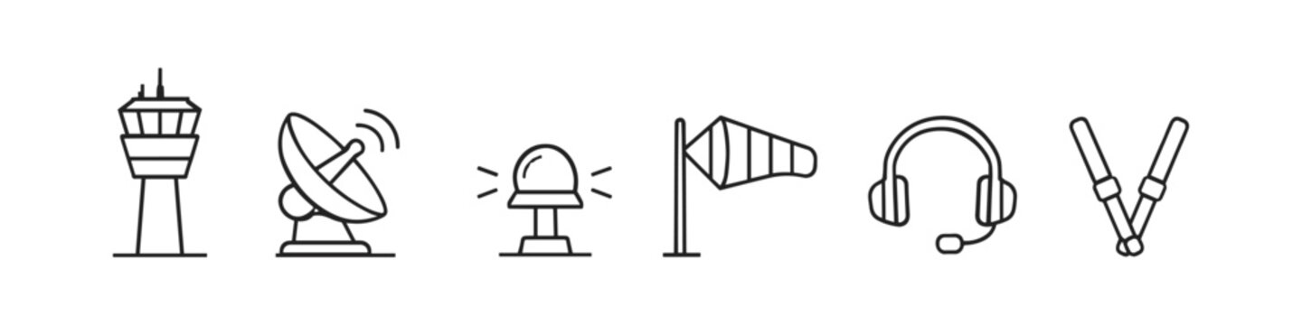 Collection of airport and aviation icons including control tower, radar, and windsock