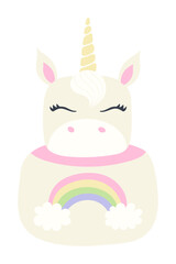 Obraz premium Unicorn cake with cute face, rainbow, pastel color birthday cake illustration isolated. Birthday celebration, sweet food, dessert, kids party clip art, design element. Hand drawn flat vector