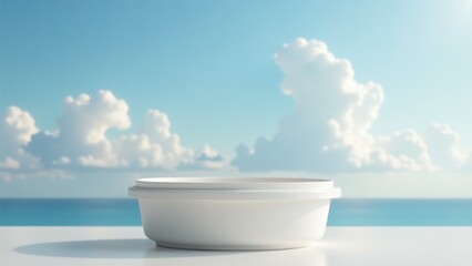 A white bowl sits on top of a table