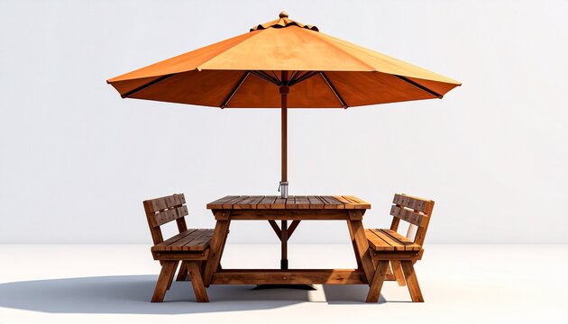Wooden picnic table benches orange umbrella white background