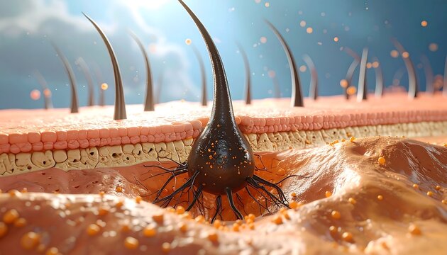 Detailed Microscopic Illustration of Human Hair Follicle Anatomy.