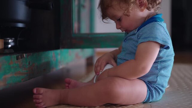 Toddler sitting on floor examining small cup taken from cabinet shelf during playful home exploration, curious childhood moment of discovery imagination and learning