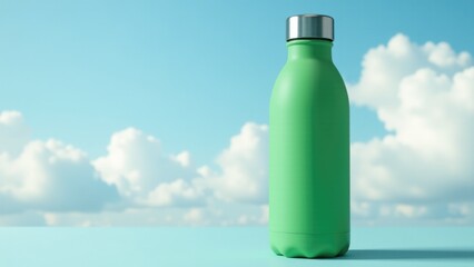 A green water bottle sits on a table, ready for use