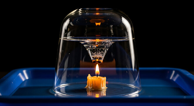 Burning Candle Under an Inverted Glass in Water Demonstrating Oxygen Consumption and Pressure in a Science Experiment