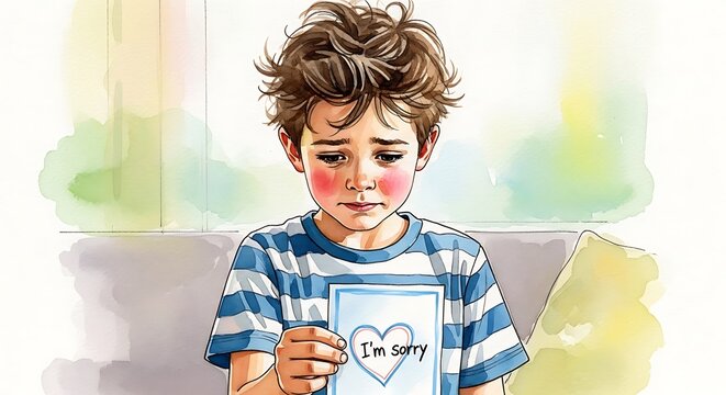 Young boy in striped shirt holding a heart-shaped I'm sorry sign, looking down with a sad expression.
