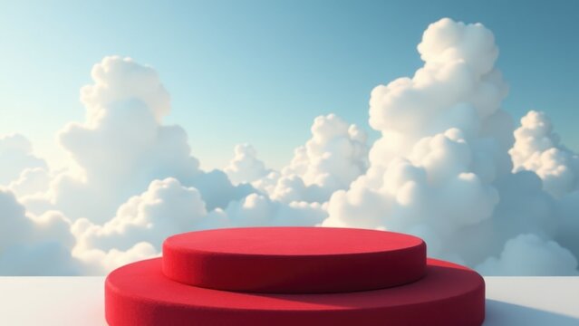 A red platform suspended in a cloud-filled sky, ideal for use as a background or concept art