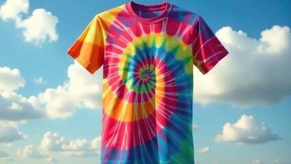 A colorful tie dye shirt hanging on a clothes line, perfect for outdoor or casual use
