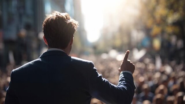 Back view of a politician raising his finger while giving a motivational speech to a crowd on a sunny city street