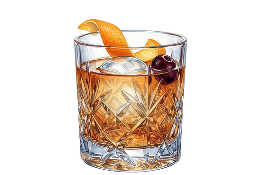 isolated watercolor illustration of a classic old-fashioned cocktail with an orange twist and a cherry on transparent background