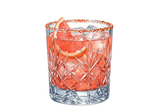 isolated watercolor illustration of a spicy grapefruit paloma cocktail in a crystal rocks glass on a transparent background