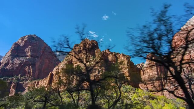 view of Zion National Park in Utah, USA, featuring towering red rock formations and deep canyons under a clear blue sky. The vibrant colors of the sandstone cliffs contrast beautifully with the lush g