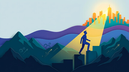 Fototapeta premium Person climbing stairs towards city