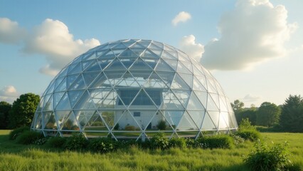 Fototapeta premium Large transparent dome in open field with grass and sky