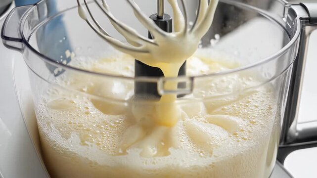 Closeup of a stand mixer whipping eggs into a fluffy mixture.