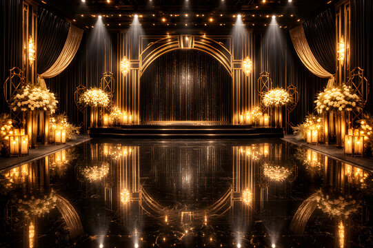 Golden grand ballroom stage with black and gold art deco decor