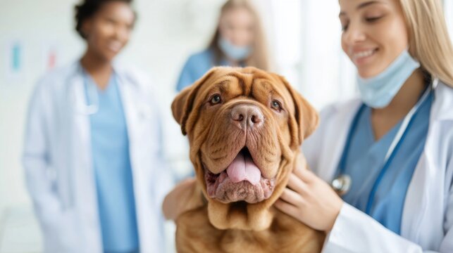Veterinary team checking dog in clinic environment. Friendly pet examination and healthcare service. Animal care, treatment and professional veterinary medicine concept