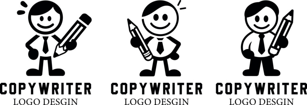 Three cartoon figures of a man holding a pencil representing copywriting services and logo design