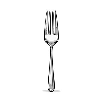 Illustration of a metal dinner fork with four tines and a curved handle detailed in sketch style