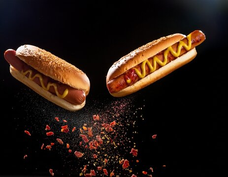 two hot dogs are flying through the air with bits of meat and seasoning