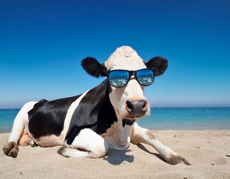 funny animal image of a holstein cow lounging on the beach wearing sunglasses cute heifer at the ocean on a summer day