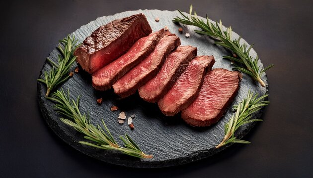 succulent medium rare beef slices with rosemary on decorative platter