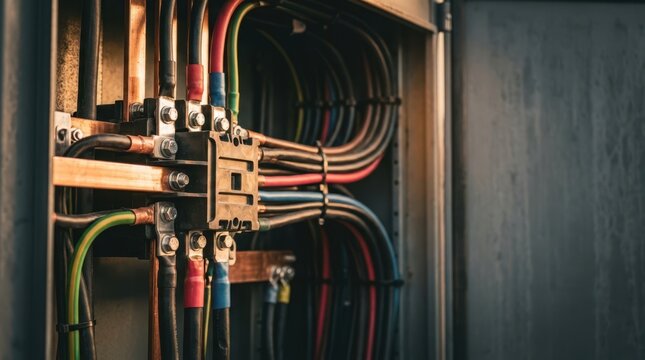 Smart grid transformer terminal block with copper busbars inside open EV hub enclosure, warm industrial light, shallow focus.