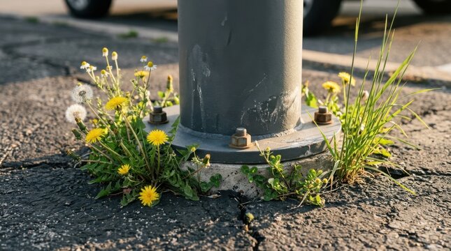 Wildflowers pushing through cracked asphalt at EV charging pedestal base, warm raking light, organic vs engineered tension.