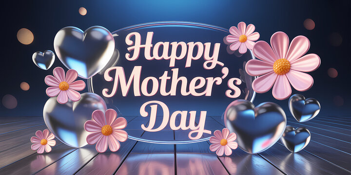 Happy Mother's Day Greeting Card with 3D Pink Flowers and Hearts
