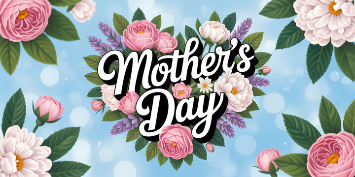 Floral Mother's Day Card with Pink Roses on Blue Background