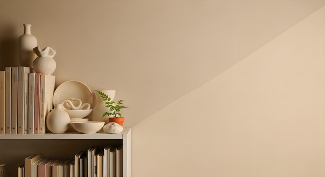 Zoom backgrounds loft office with minimalist shelf display with assorted cream ceramic pottery green potted plant and neutral toned books.