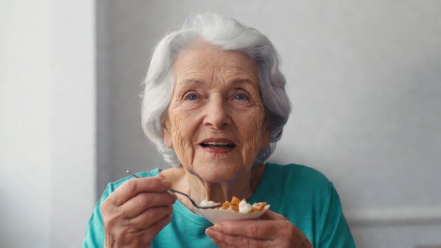 Elderly woman eating breakfast in bright indoor setting