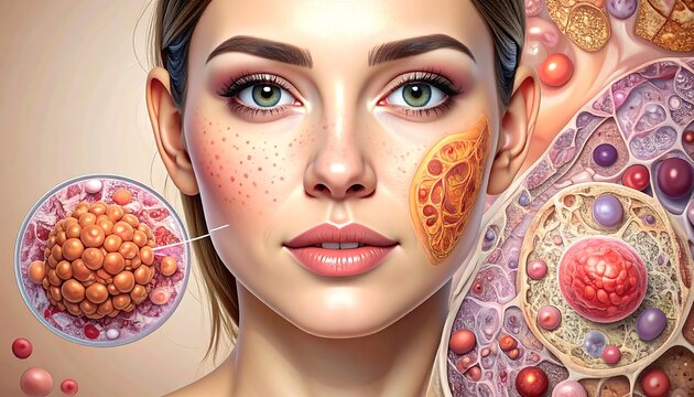 Womans face with skin issues and cellular structure illustration.