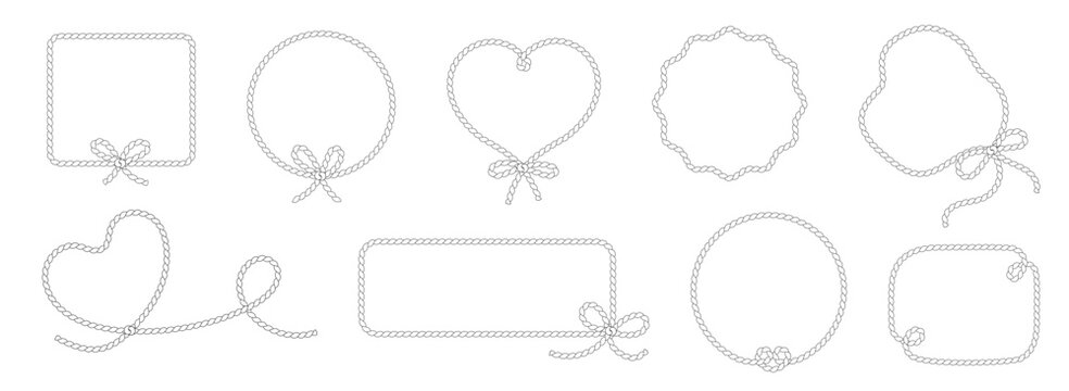 Horizontal set of decorative rope frames with bows and knots. Braided nautical borders in heart, circle, square shapes.