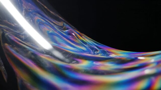 Macro view of a curved polished metal pipe featuring iridescent rainbow spectral reflections and visible surface micro-scratches against a solid black background for contrast.