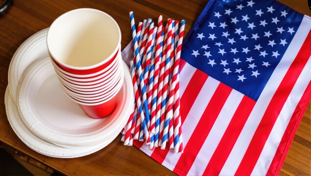Overhead view of a stack of paper cups, paper plates, drinking straws and an american flag on a table for Independence Day on fourth of July
