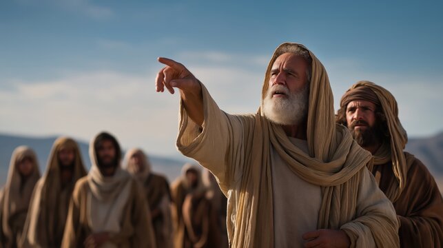 Moses recounting the wilderness journey as he points toward the desert paths, teaching Israel about endurance and God&rsquo;s guidance in the biblical reflection from Deuteronomy.