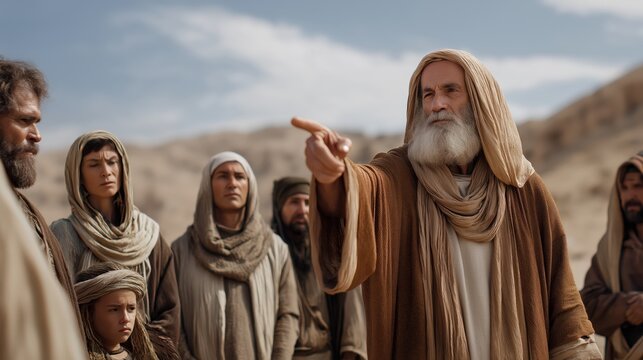 Moses recounting the wilderness journey as he points toward the desert paths, teaching Israel about endurance and God&rsquo;s guidance in the biblical reflection from Deuteronomy.