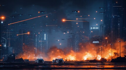 Obraz premium Massive cyberpunk city under drone assault at night with neon-lit destruction, lasers and futuristic warfare control systems.