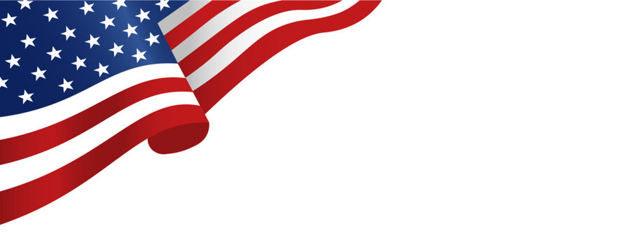 Waving American Flag in Corner on White Background &ndash; USA Patriotic Banner Template for Memorial Day, Independence Day, Veterans Day, Greeting Card, Poster, Social Media Post, Flyer, Website Banner