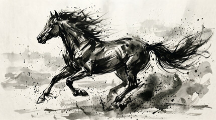 A dynamic black and white painting of a horse in motion © Graphique